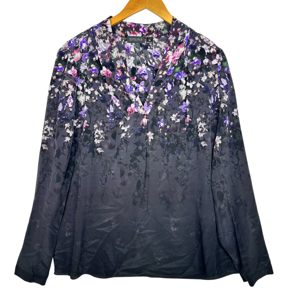 Carlisle Collection Silk Blouse 10 Floral Ombre Purple Black Long Sleeve V-Neck